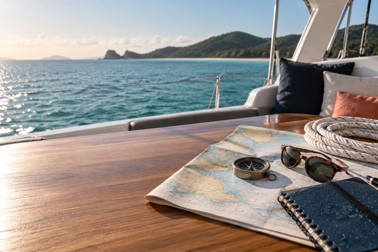 Coastal chart, compass and notebook on a catamaran table